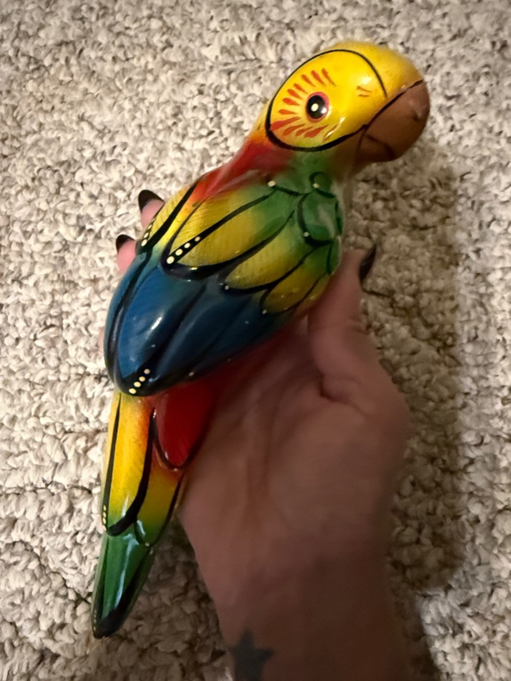 Vintage Colorful Parrot Bird Toy in Yellow Green Blue Red